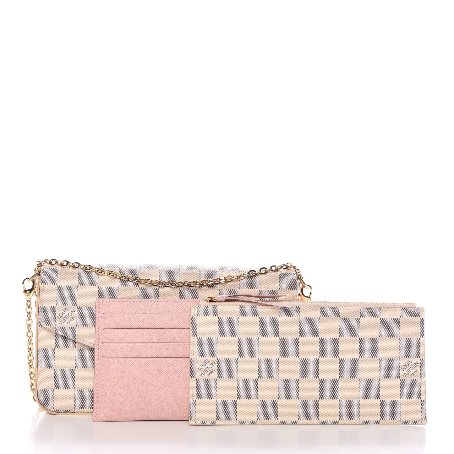 Damier Azur Pochette Felicie Chain Wallet Rose Ballerine
