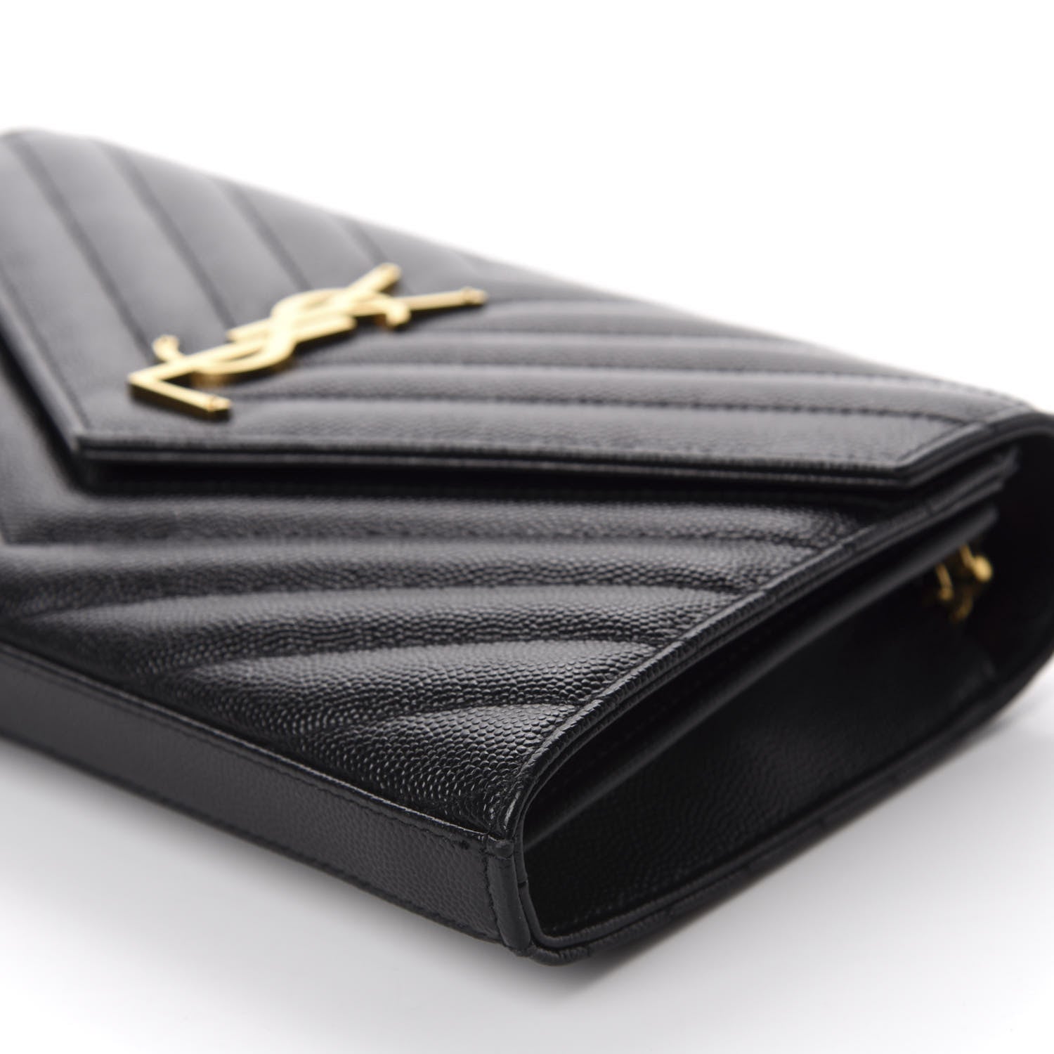 Saint Laurent Grain De Poudre Matelasse Chevron Monogram Chain Wallet Black 9 of 10