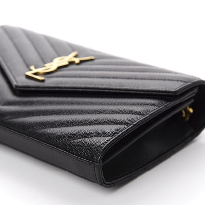 Saint Laurent Grain De Poudre Matelasse Chevron Monogram Chain Wallet Black 9 of 10
