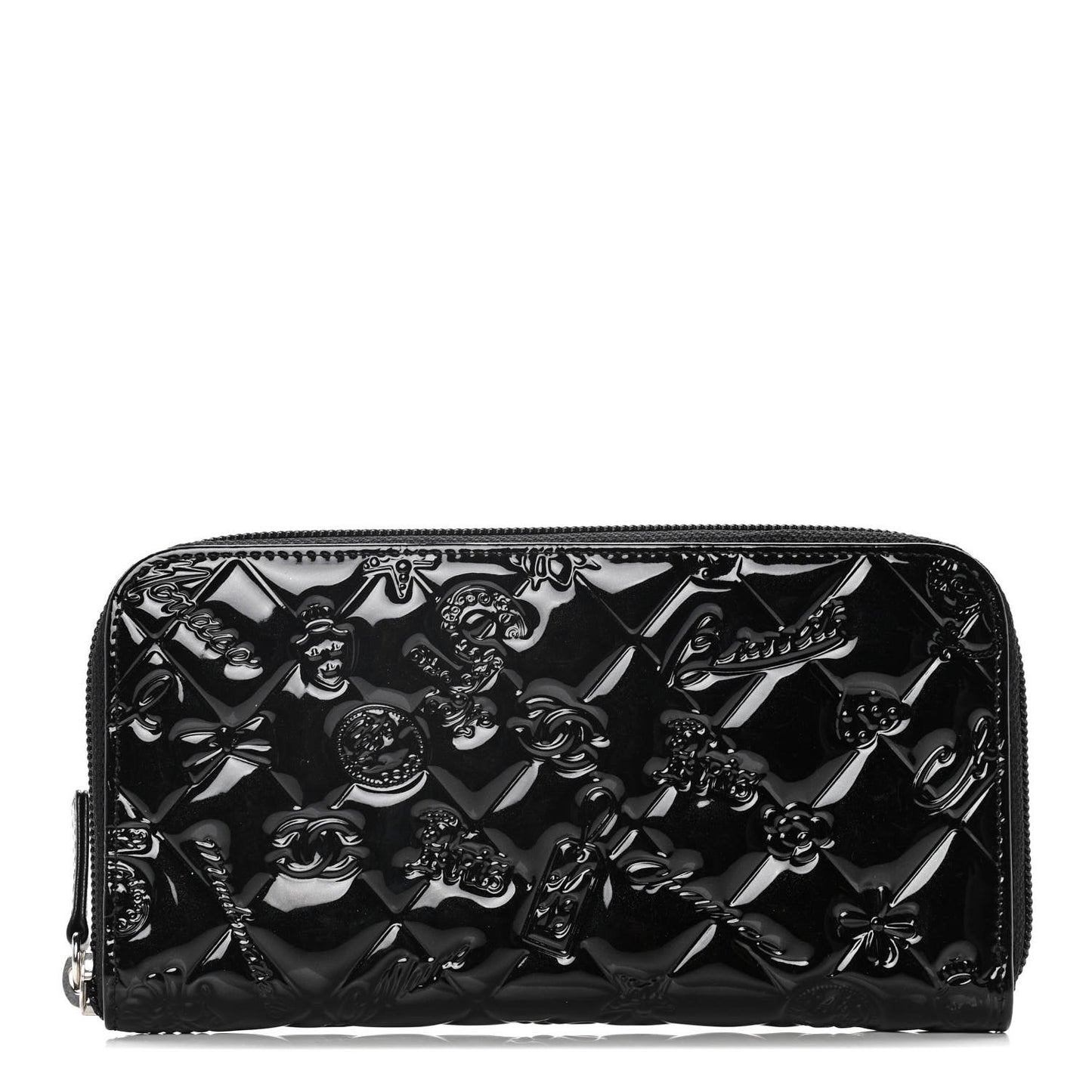 Patent Calfskin Lucky Symbols Zip Around Wallet Black