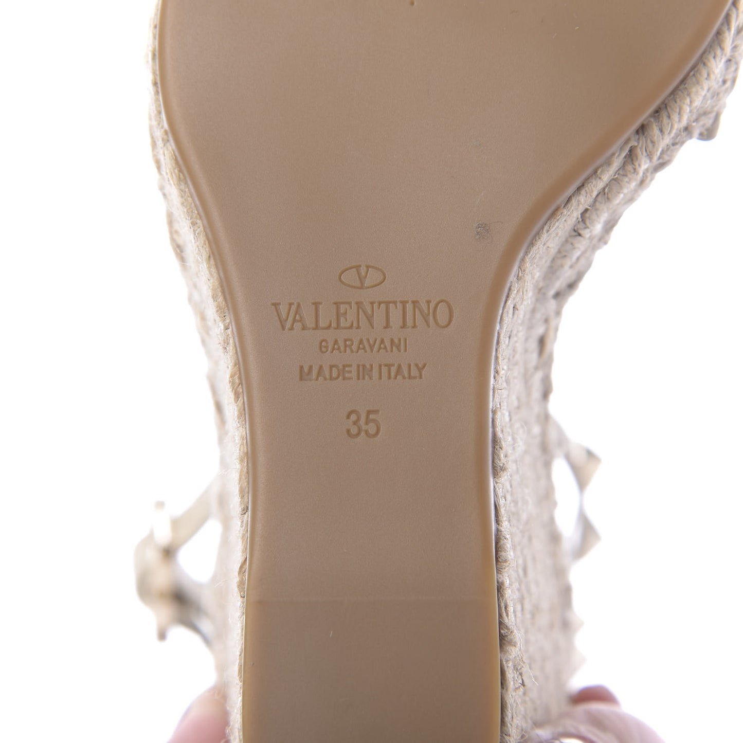 Grained Calfskin Rockstud Ankle Strap Espadrille 15/105mm Wedge Sandals 35 Light Ivory Natural