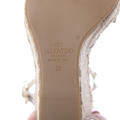 Valentino Garavani Grained Calfskin Rockstud Ankle Strap Espadrille 15/105mm Wedge Sandals 35 Light Ivory Natural 6 of 9