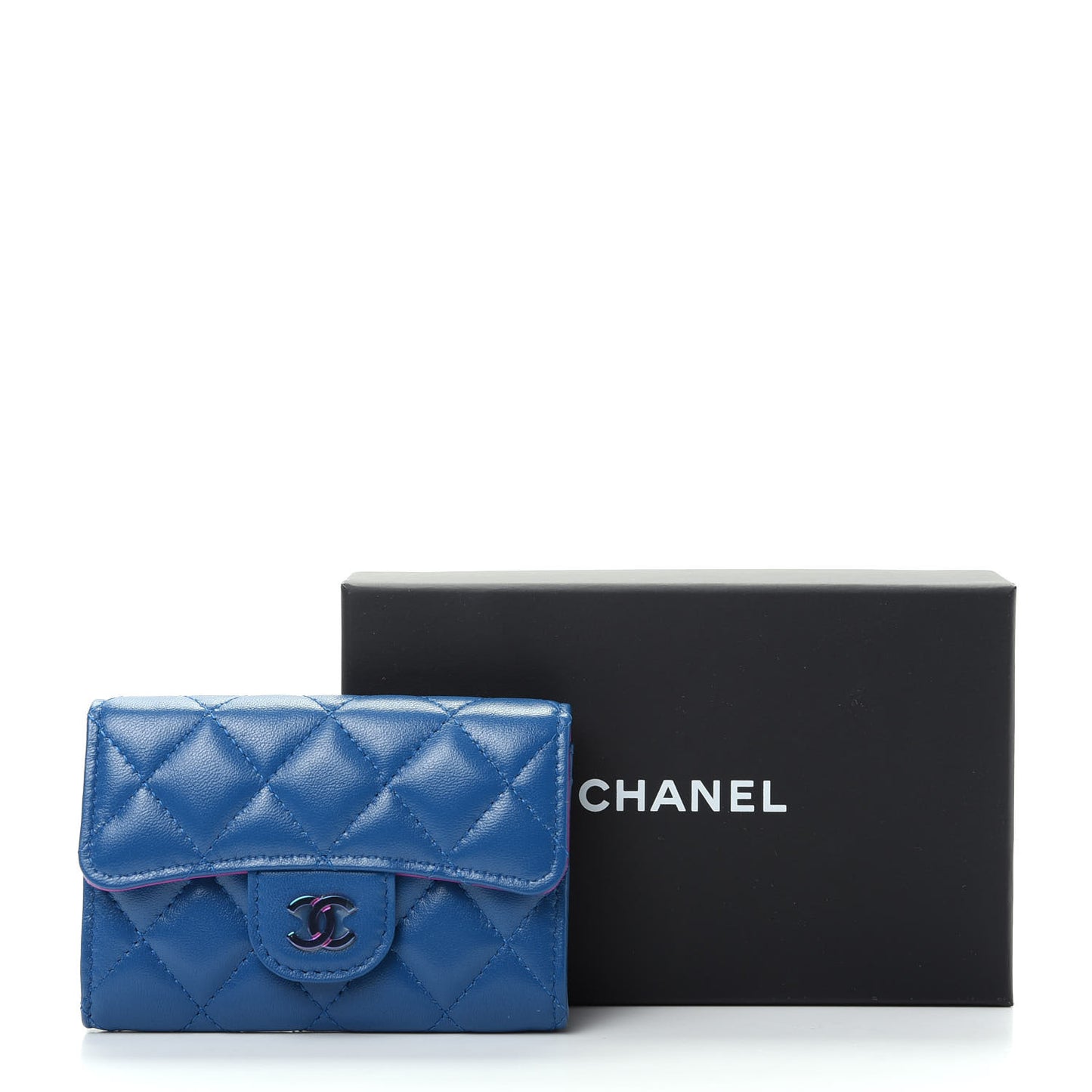 Lambskin Quilted Flap Card Holder Wallet Blue Pink