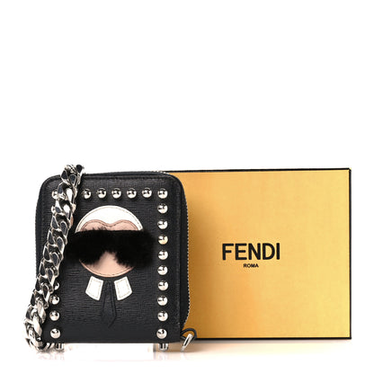 Fendi Vitello Elite Flamingo Mink Karlito Studded Zip Around Chain Wallet Black White Plaster 12 of 12