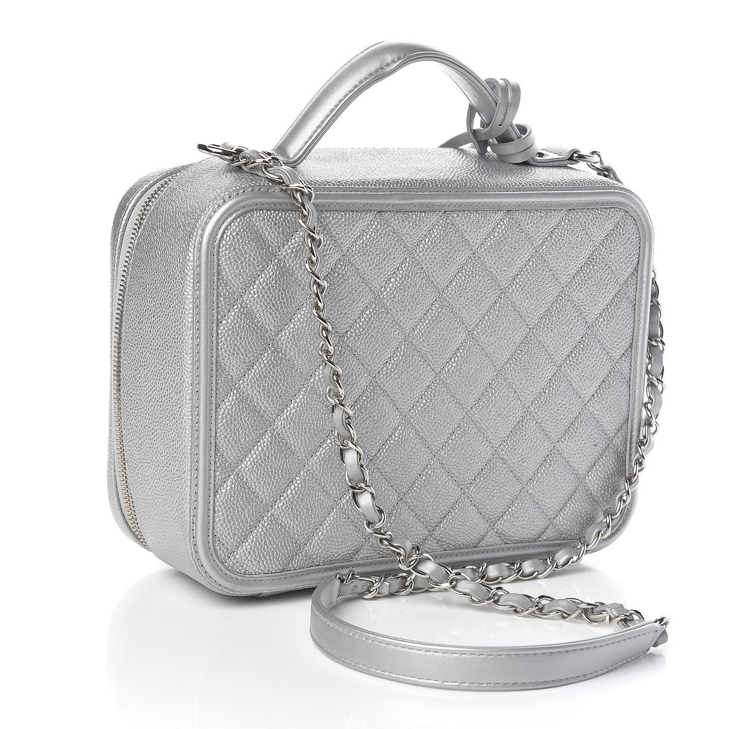 Metallic Caviar Quilted Large CC Filigree Vanity Case Silver