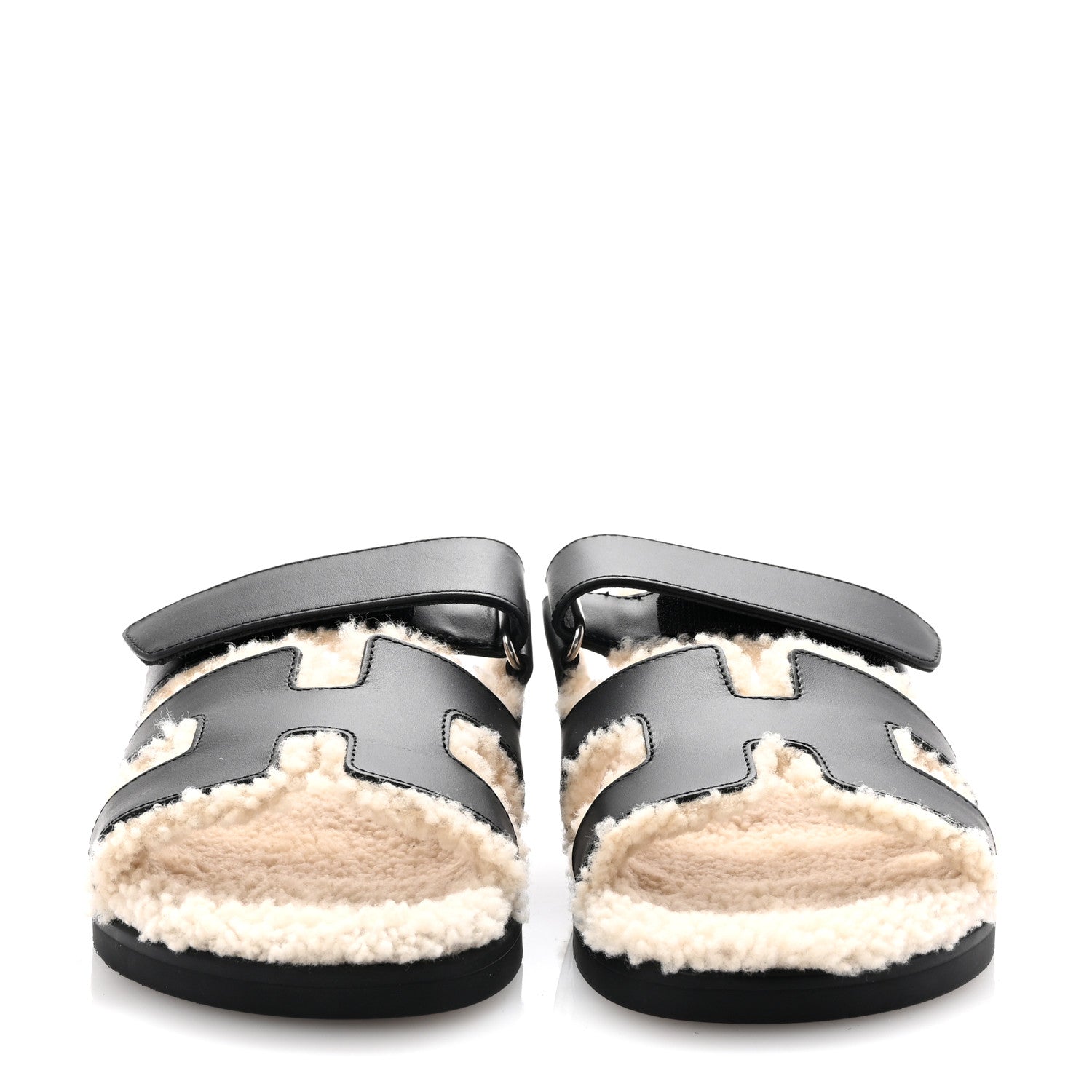 Hermes Calfskin Woolskin Womens Chypre Sandals 36 Black Ecru 3 of 9