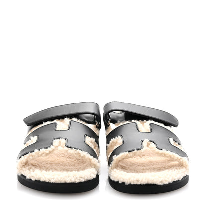 Hermes Calfskin Woolskin Womens Chypre Sandals 36 Black Ecru 3 of 9
