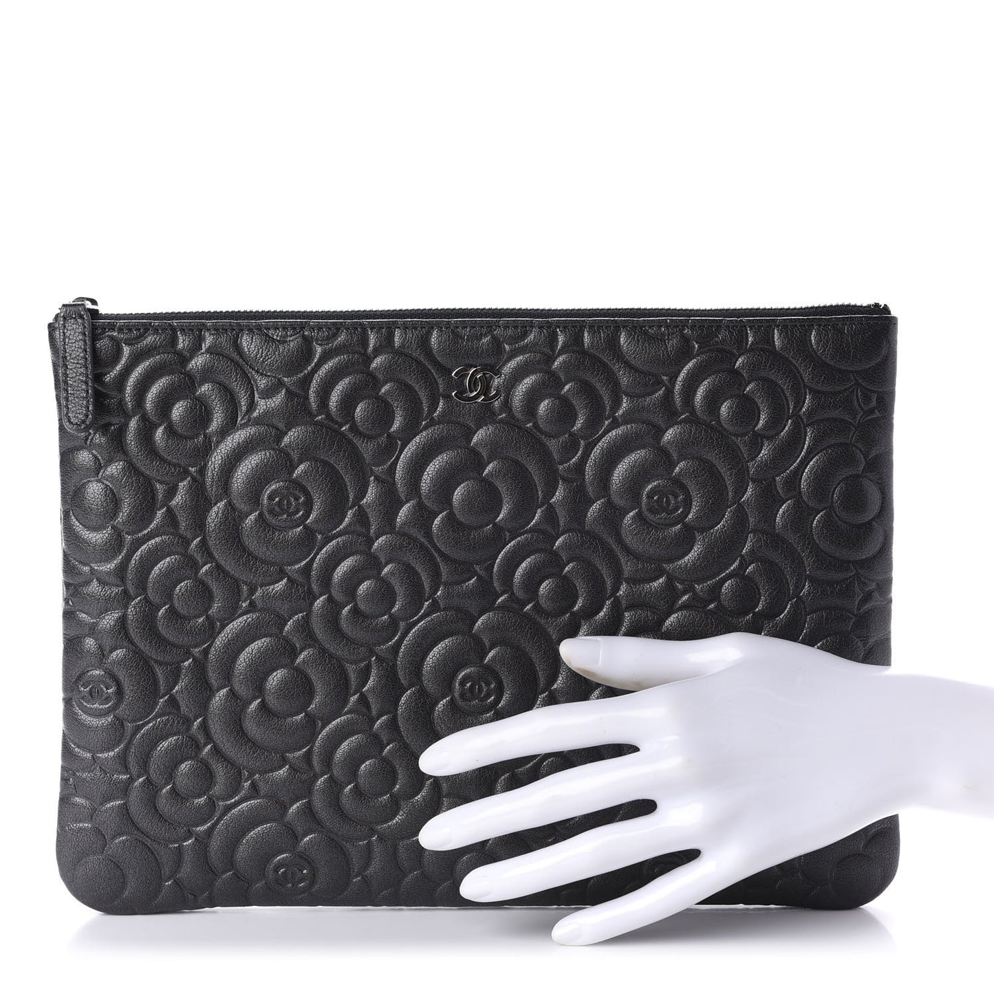 Goatskin Camellia Embossed Medium Cosmetic Case Dark Grey