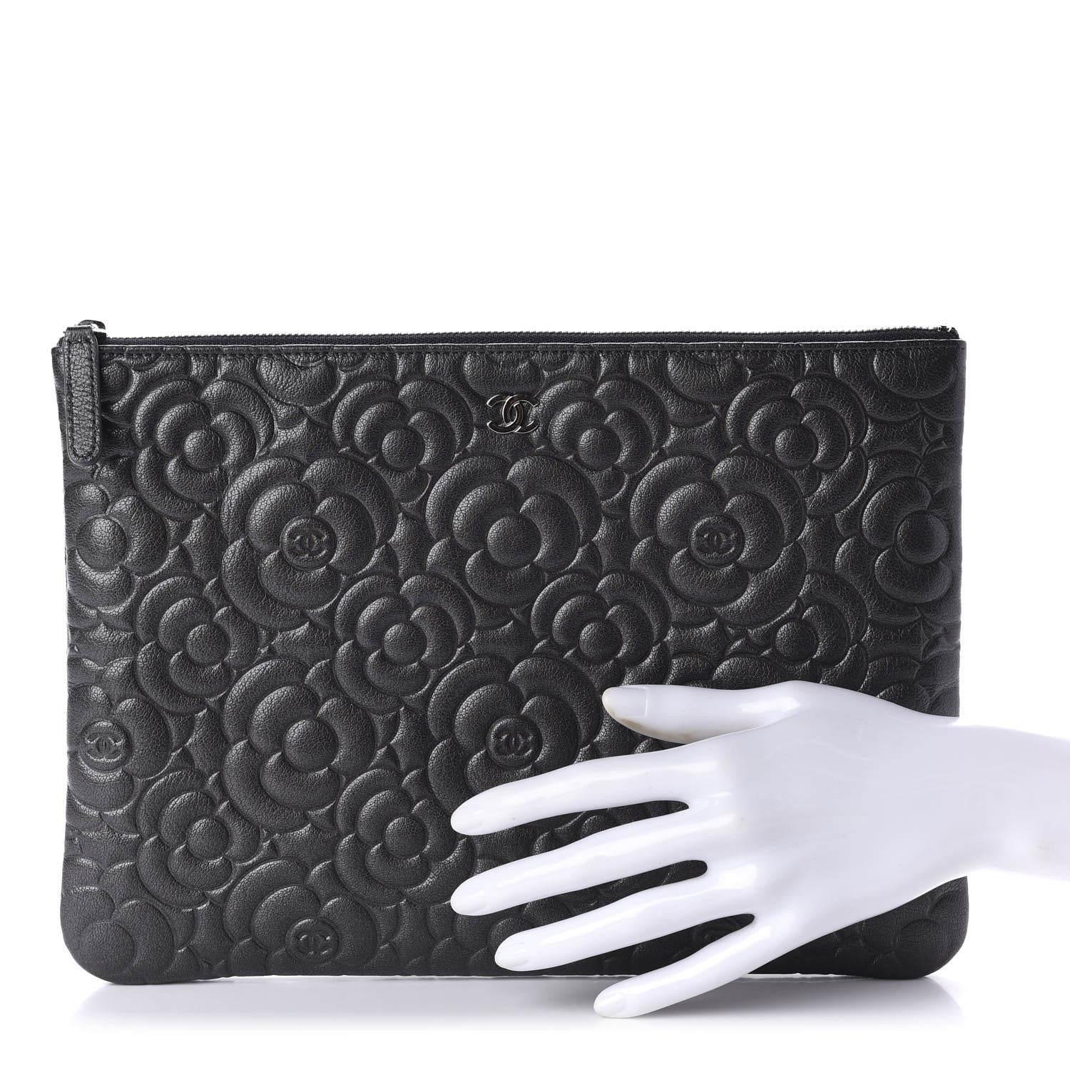 Chanel Goatskin Camellia Embossed Medium Cosmetic Case Dark Grey 2 of 10