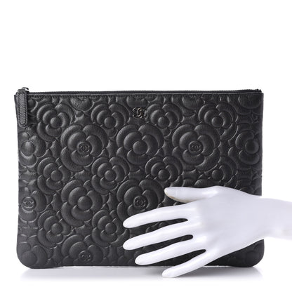 Chanel Goatskin Camellia Embossed Medium Cosmetic Case Dark Grey 2 of 10