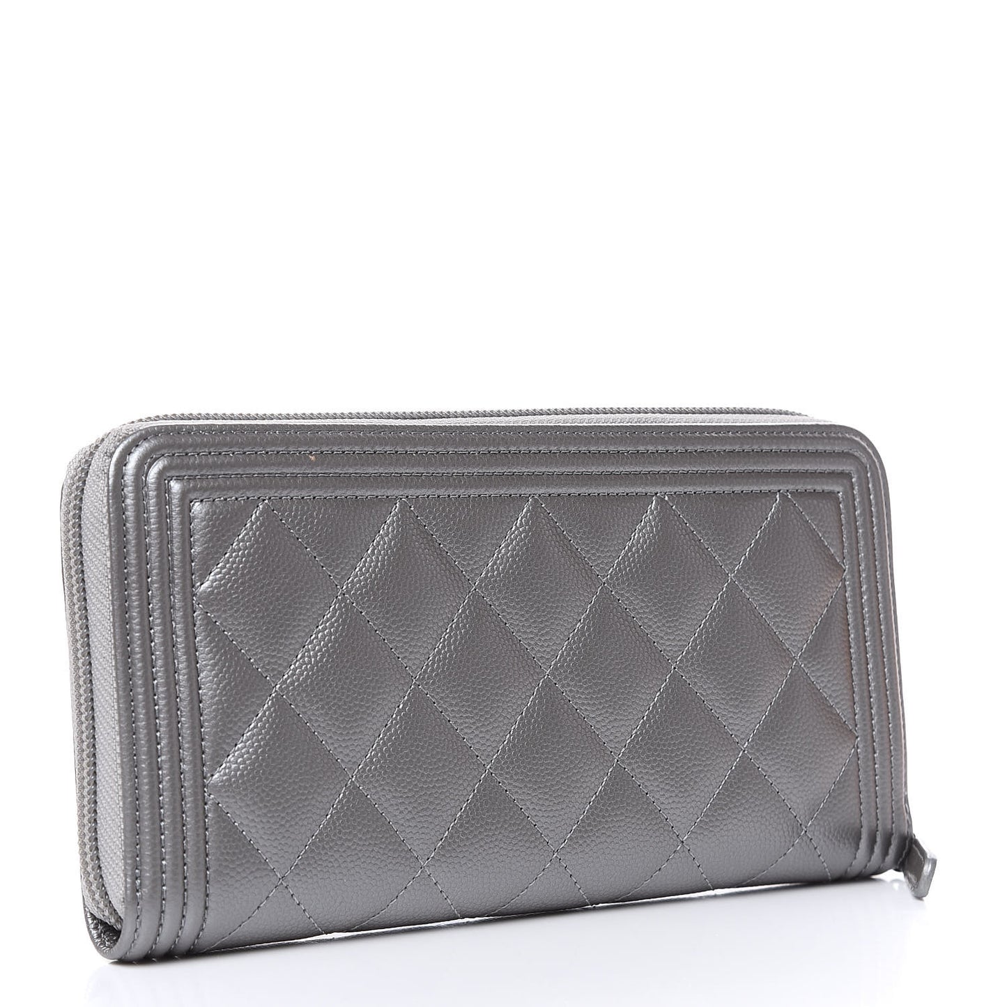 Metallic Caviar Quilted Boy L-Gusset Zip Wallet Silver