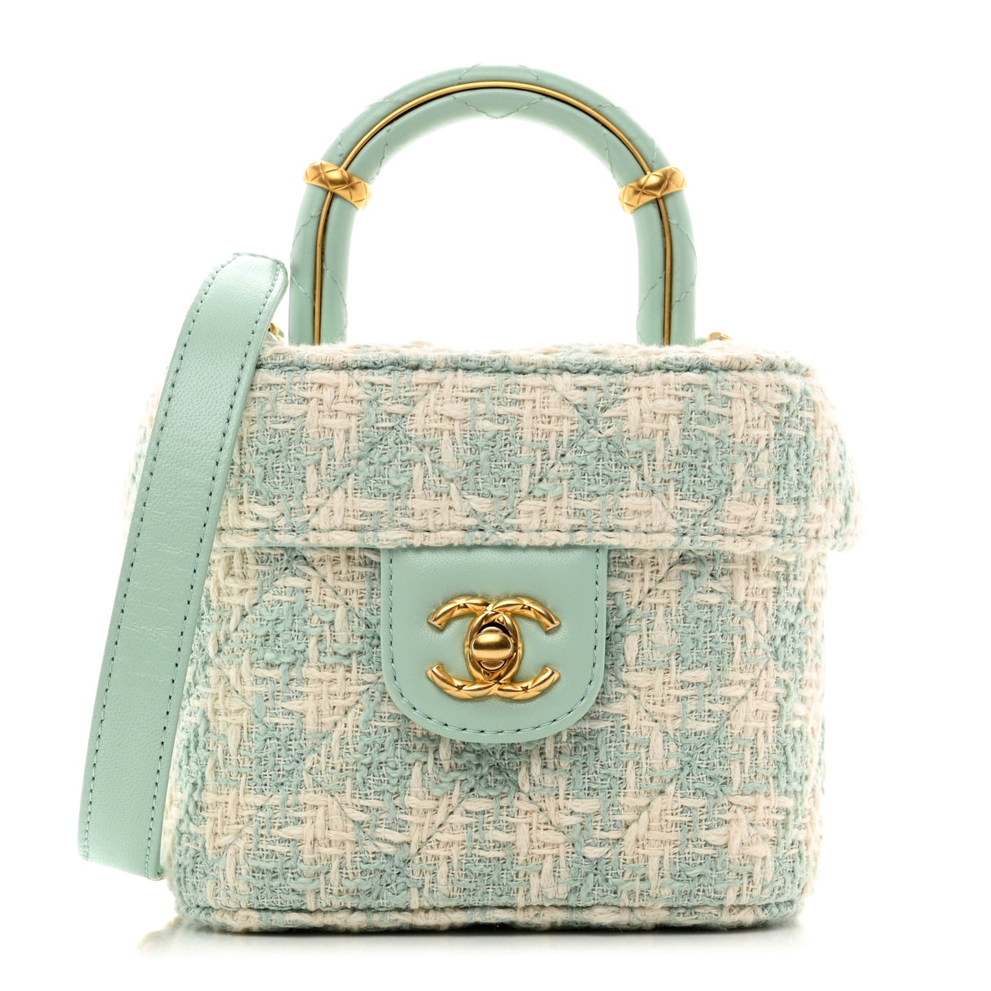 Tweed Handle Crush Top Handle Flap Bag Light Blue Ecru