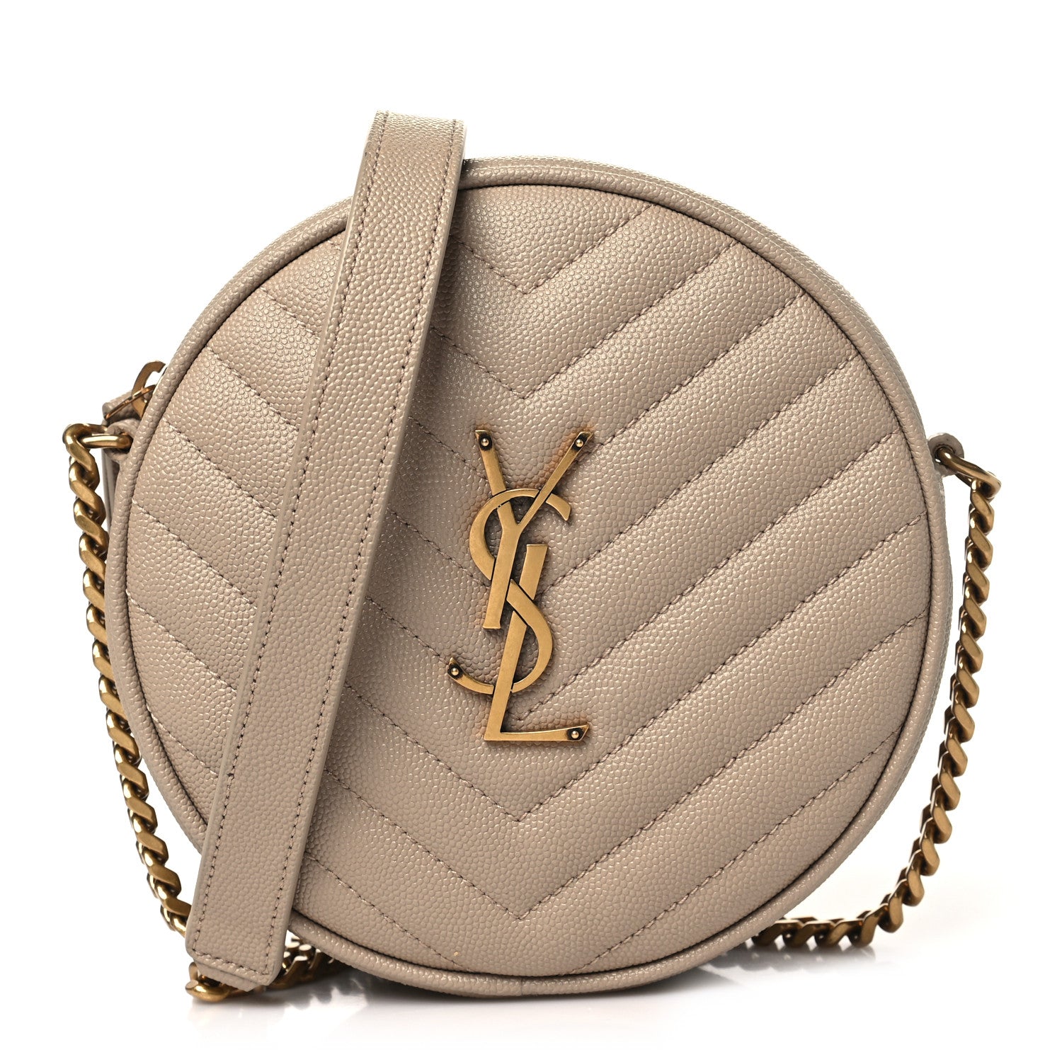 Saint Laurent Grain De Poudre Matelasse Chevron Quilted Round Vinyle Camera Bag Dark Beige 1 of 10