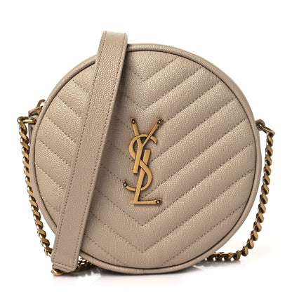Saint Laurent Grain De Poudre Matelasse Chevron Quilted Round Vinyle Camera Bag Dark Beige 1 of 10