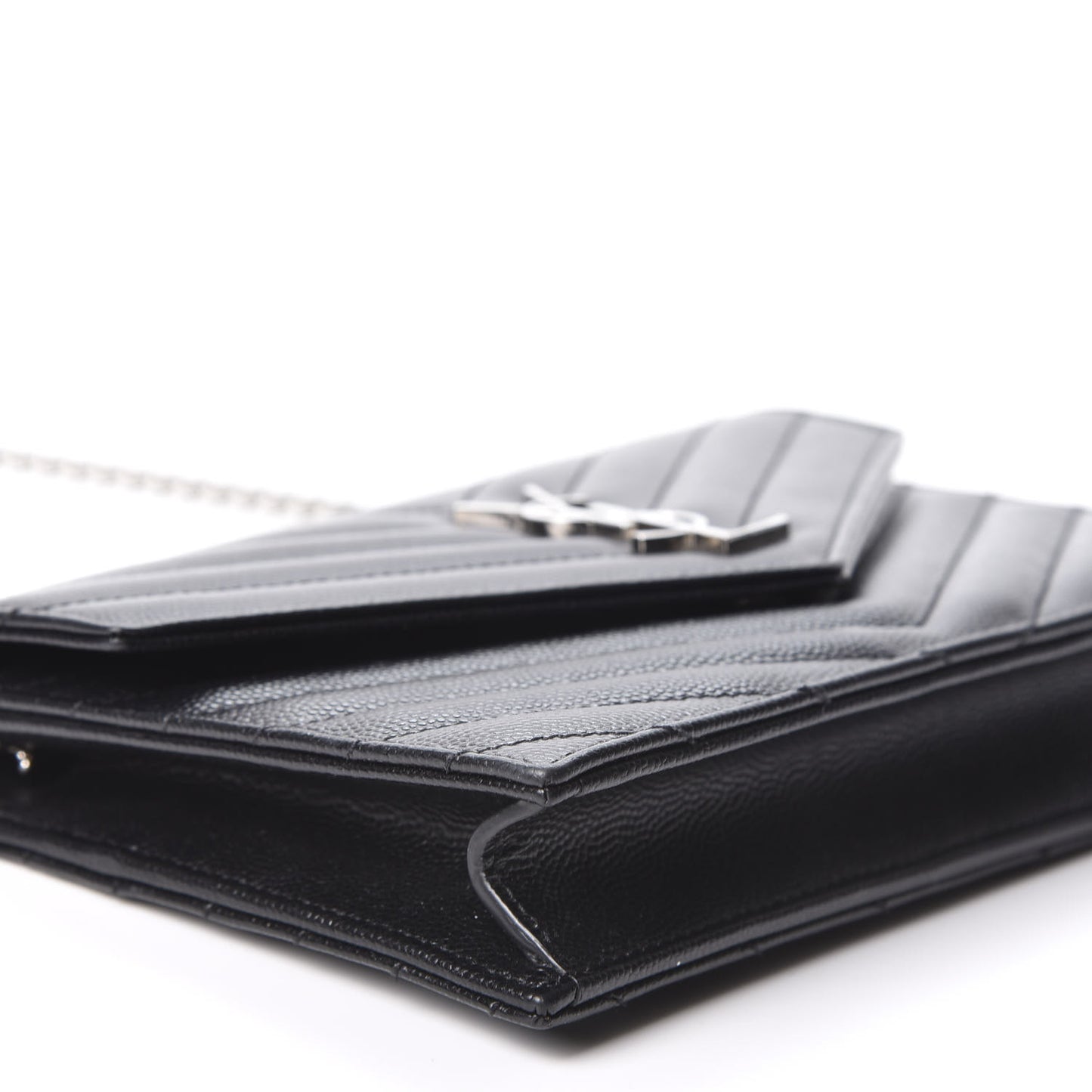 Grain De Poudre Matelasse Chevron Monogram Envelope Chain Wallet Black