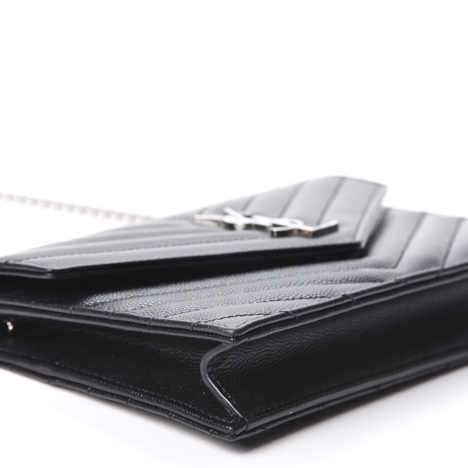Saint Laurent Grain De Poudre Matelasse Chevron Monogram Envelope Chain Wallet Black 5 of 9