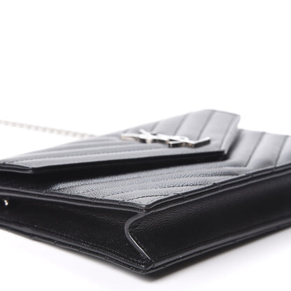 Saint Laurent Grain De Poudre Matelasse Chevron Monogram Envelope Chain Wallet Black 5 of 9