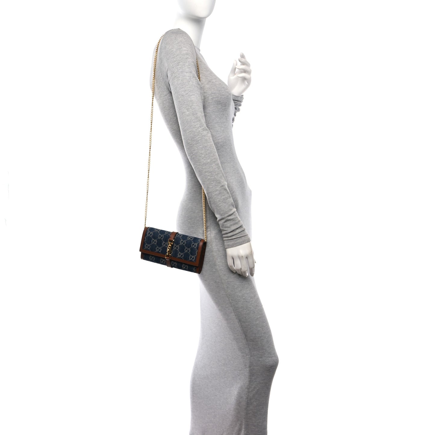 New Denim GG Monogram Jackie 1961 Chain Wallet Blue Tea Cuir