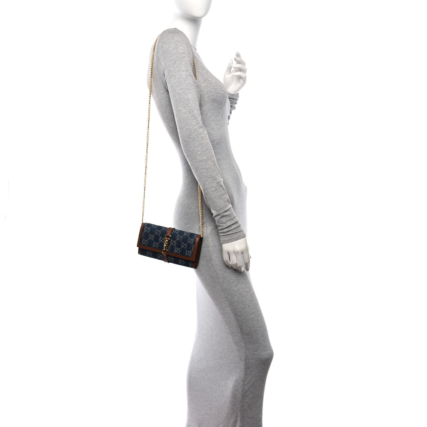 Gucci New Denim GG Monogram Jackie 1961 Chain Wallet Blue Tea Cuir 2 of 10