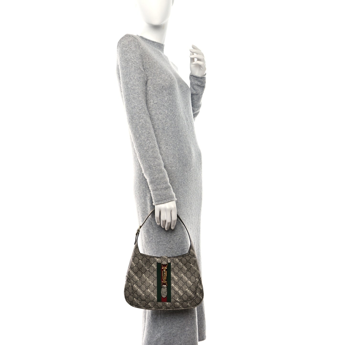 X BALENCIAGA GG Supreme Monogram Striped Logo Print Web Small Jackie 1961 Hobo Beige Ebony Mystic White