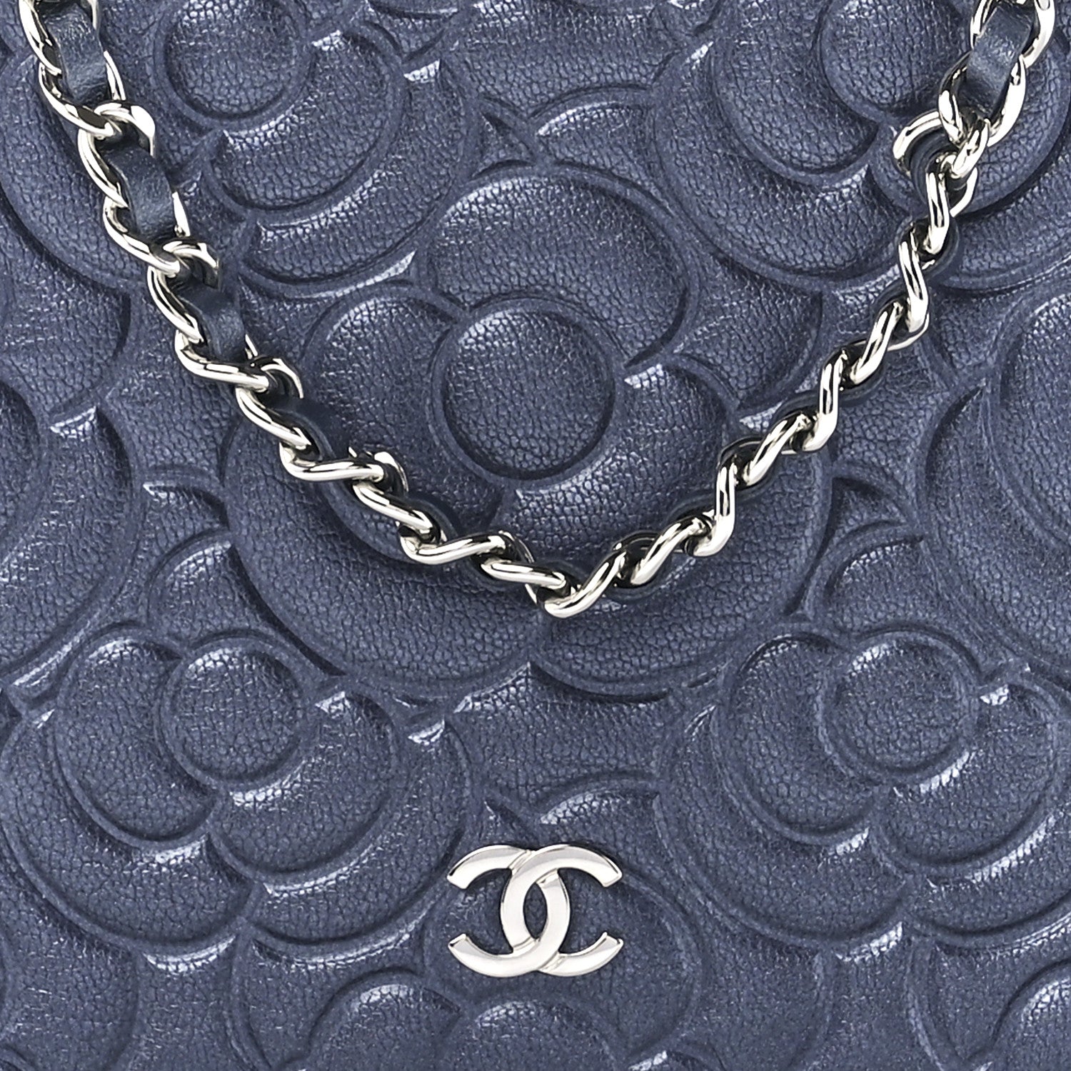 Chanel Goatskin Camellia Embossed Wallet On Chain WOC Blue 9 of 12