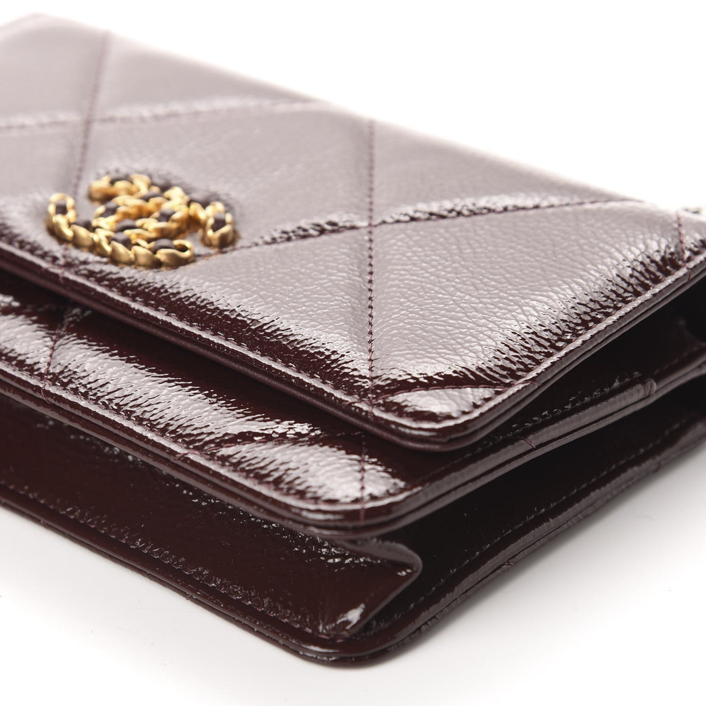 Shiny Crumpled Calfskin Quilted 19 Wallet On Chain WOC Burgundy