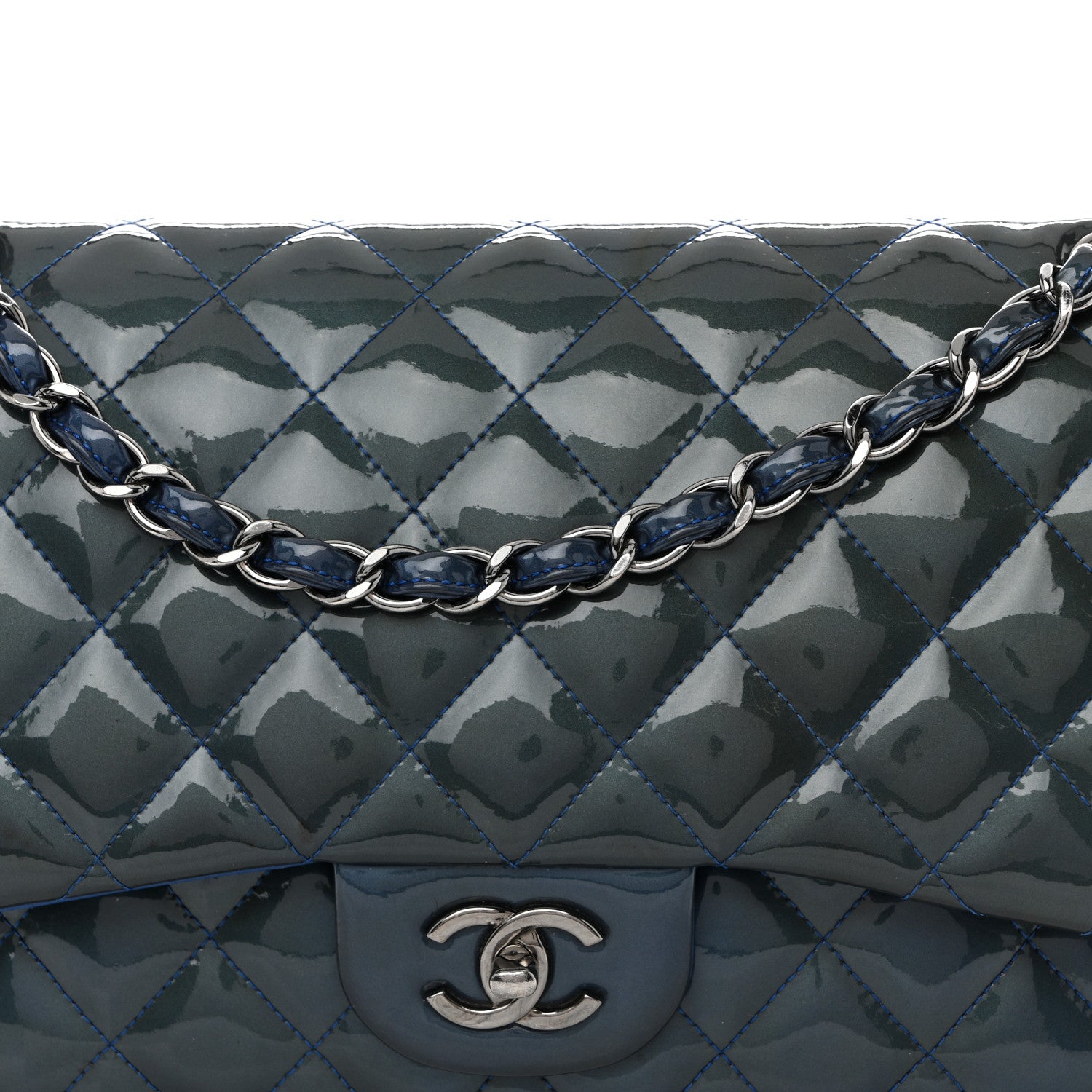 Chanel Patent Quilted Jumbo Double Flap Blue 8 of 20