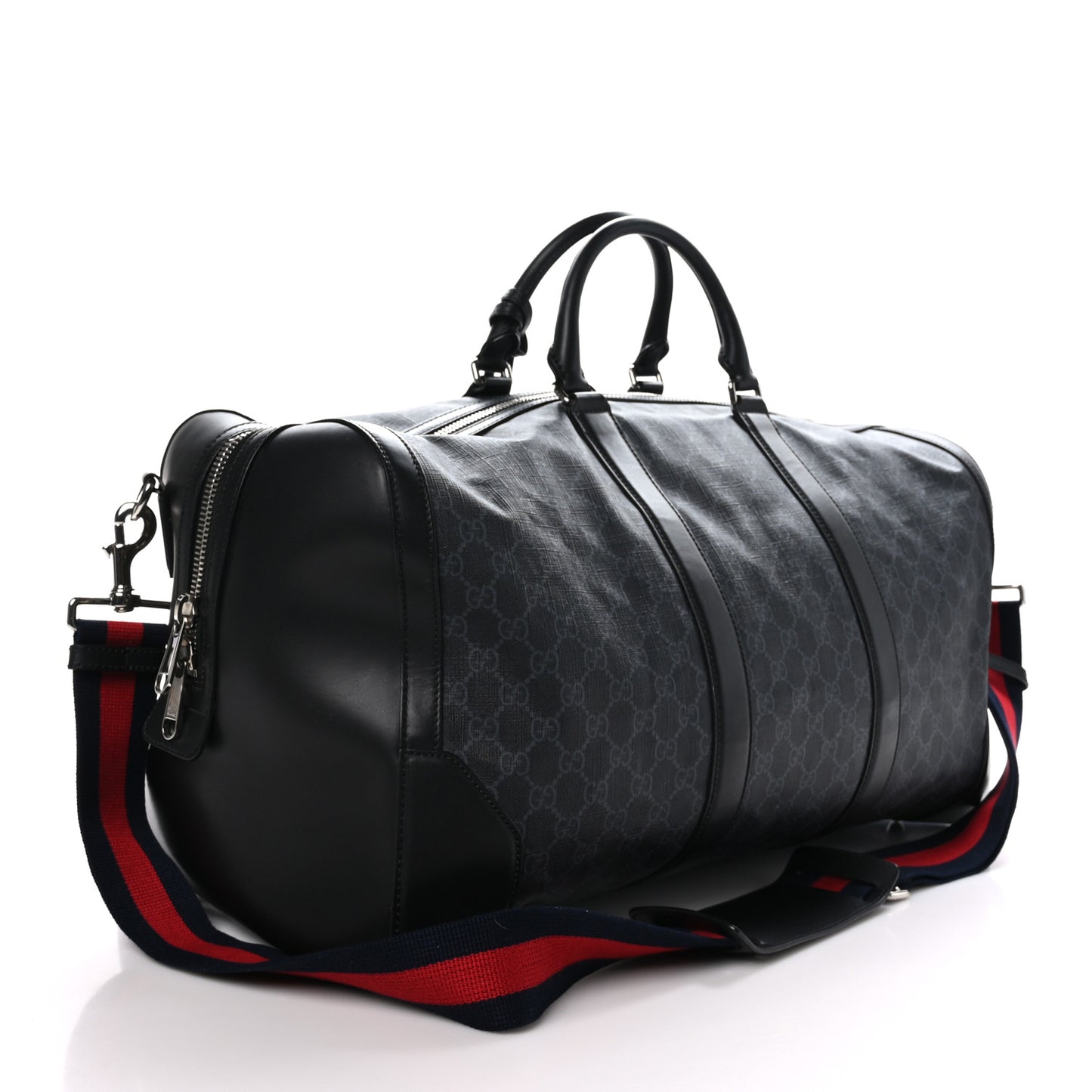 Soft GG Supreme Monogram Appia Calfskin Web Large Carry On Duffle Bag Black Grey