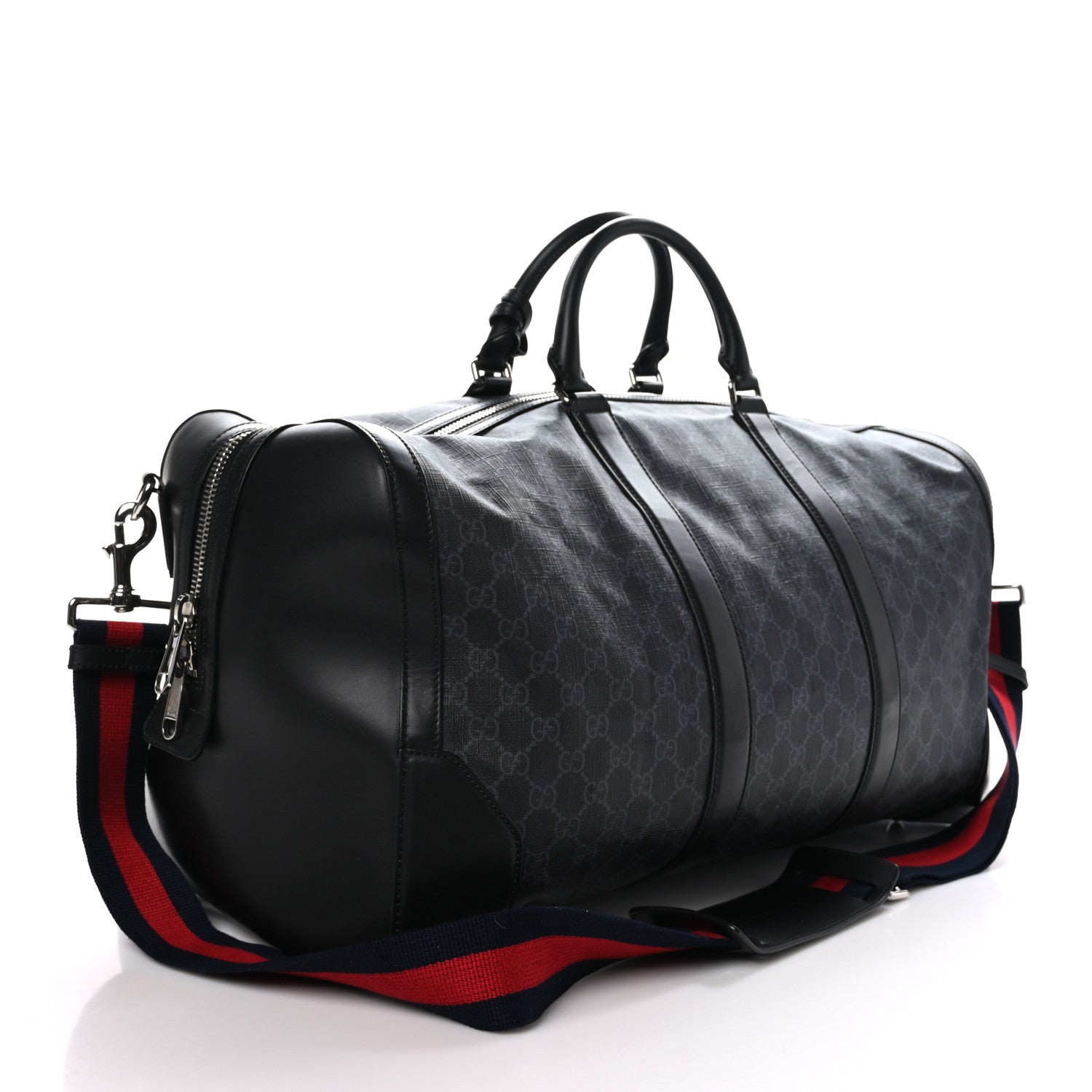 Gucci Soft GG Supreme Monogram Appia Calfskin Web Large Carry On Duffle Bag Black Grey 2 of 11
