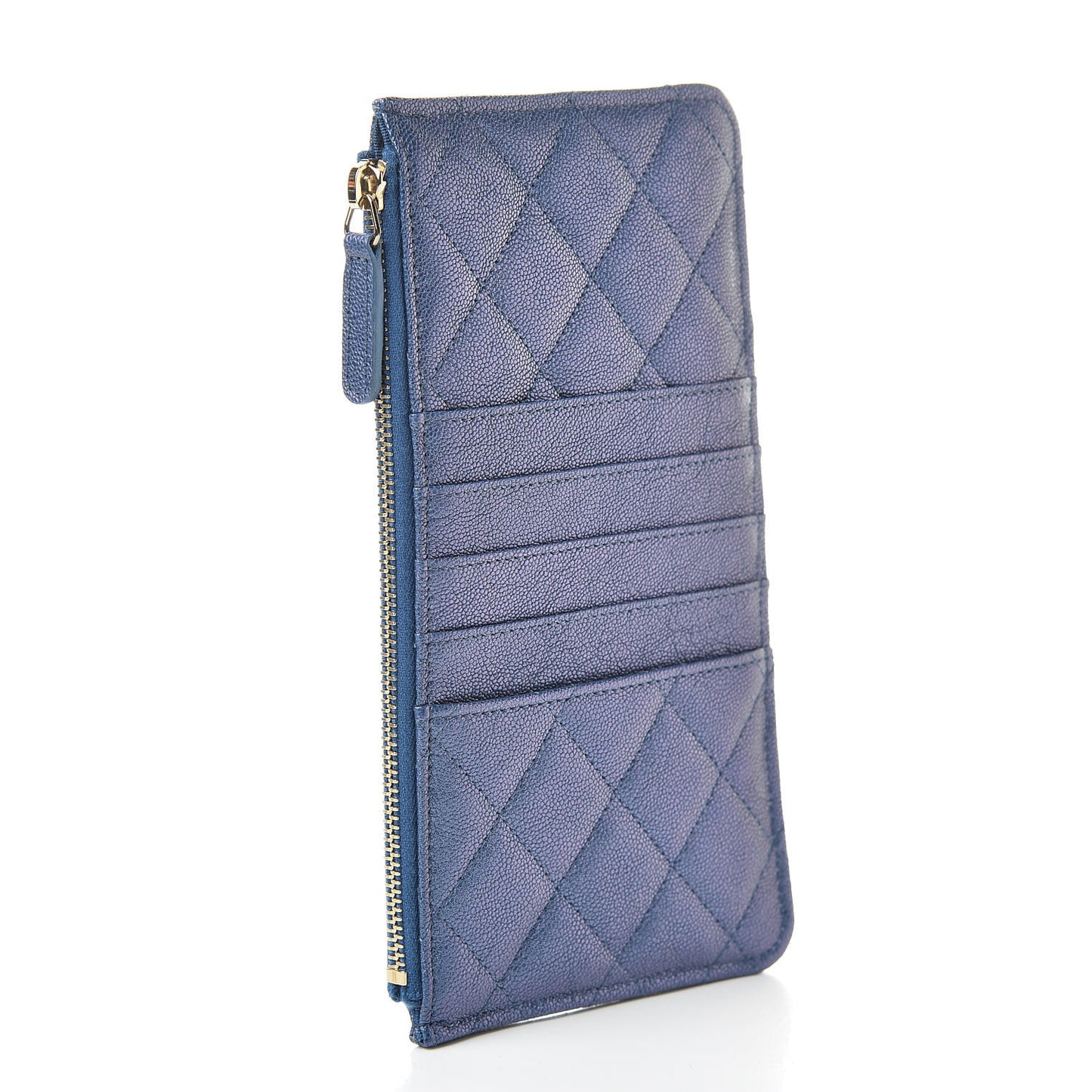 Iridescent Caviar Quilted Classic Flat Wallet Pouch Dark Blue