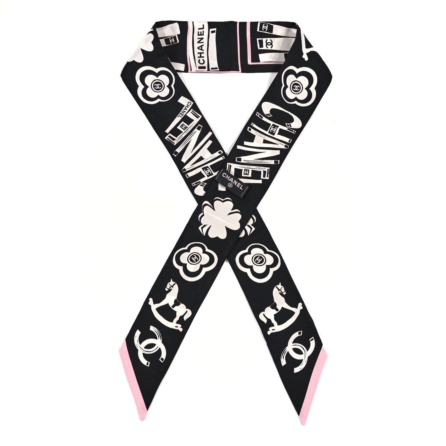 Chanel Silk CC Logo Slim Bandeau Scarf White Pink Black 1 of 3