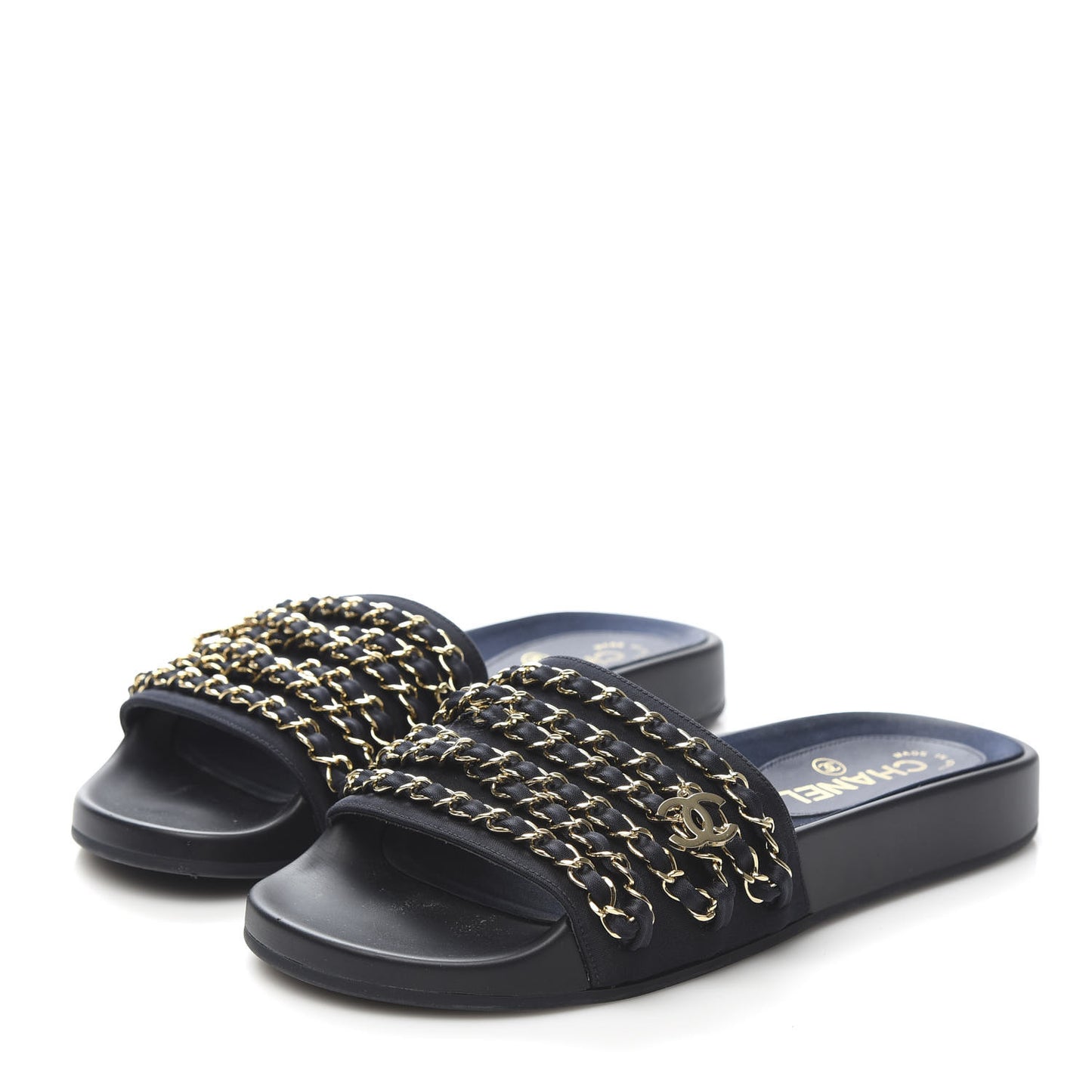 Lambskin Canvas Chain Flat Sandals 37 Marine