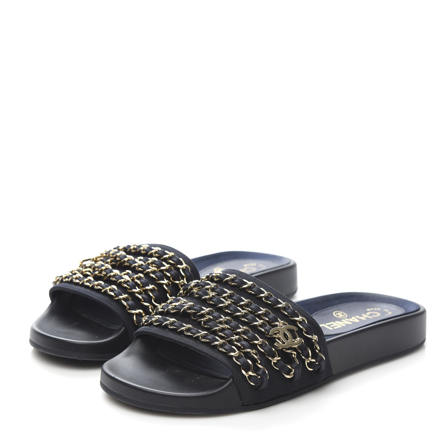 Chanel Lambskin Canvas Chain Flat Sandals 37 Marine 3 of 9