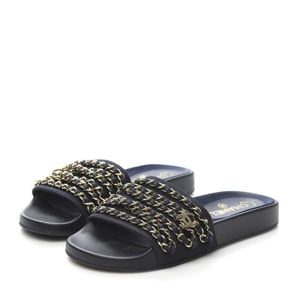 Chanel Lambskin Canvas Chain Flat Sandals 37 Marine 3 of 9