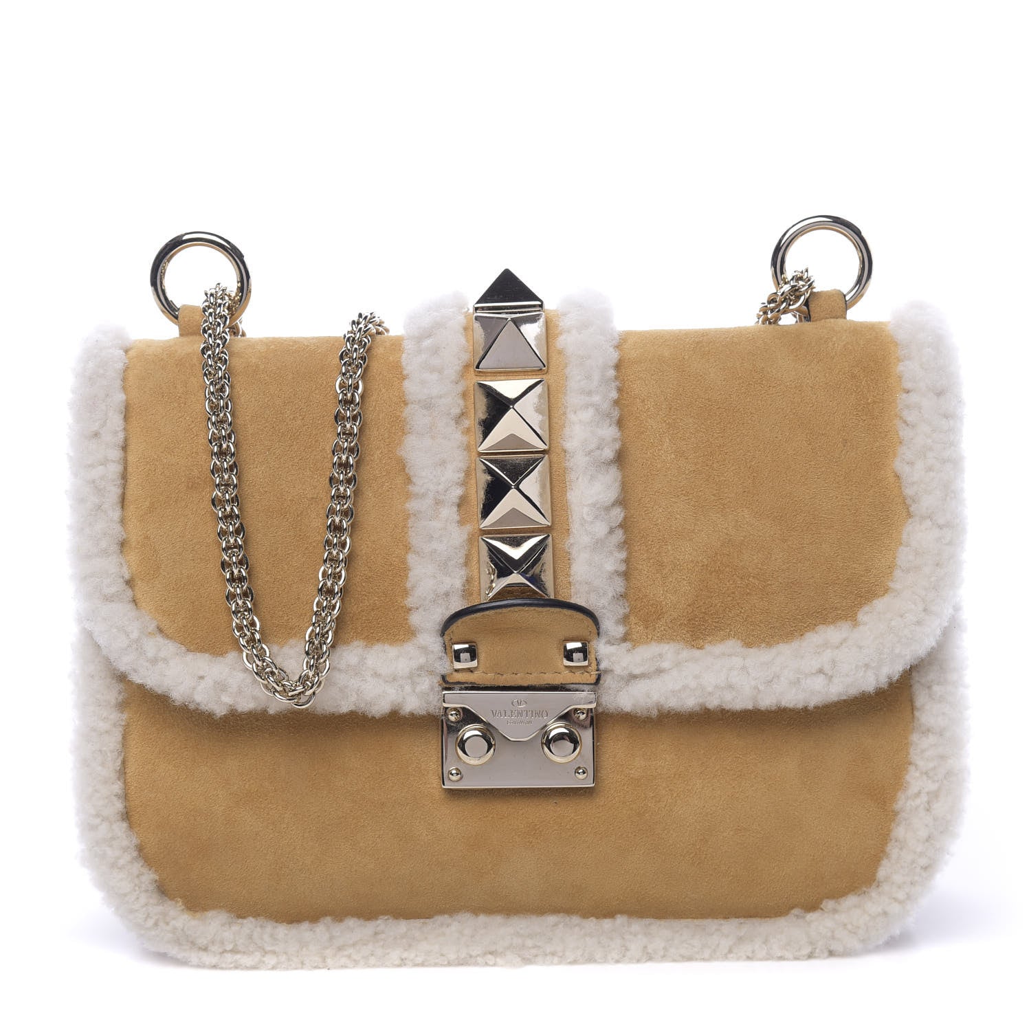 Valentino Garavani Shearling Small Glam Lock Rockstud Flap Tan 1 of 9