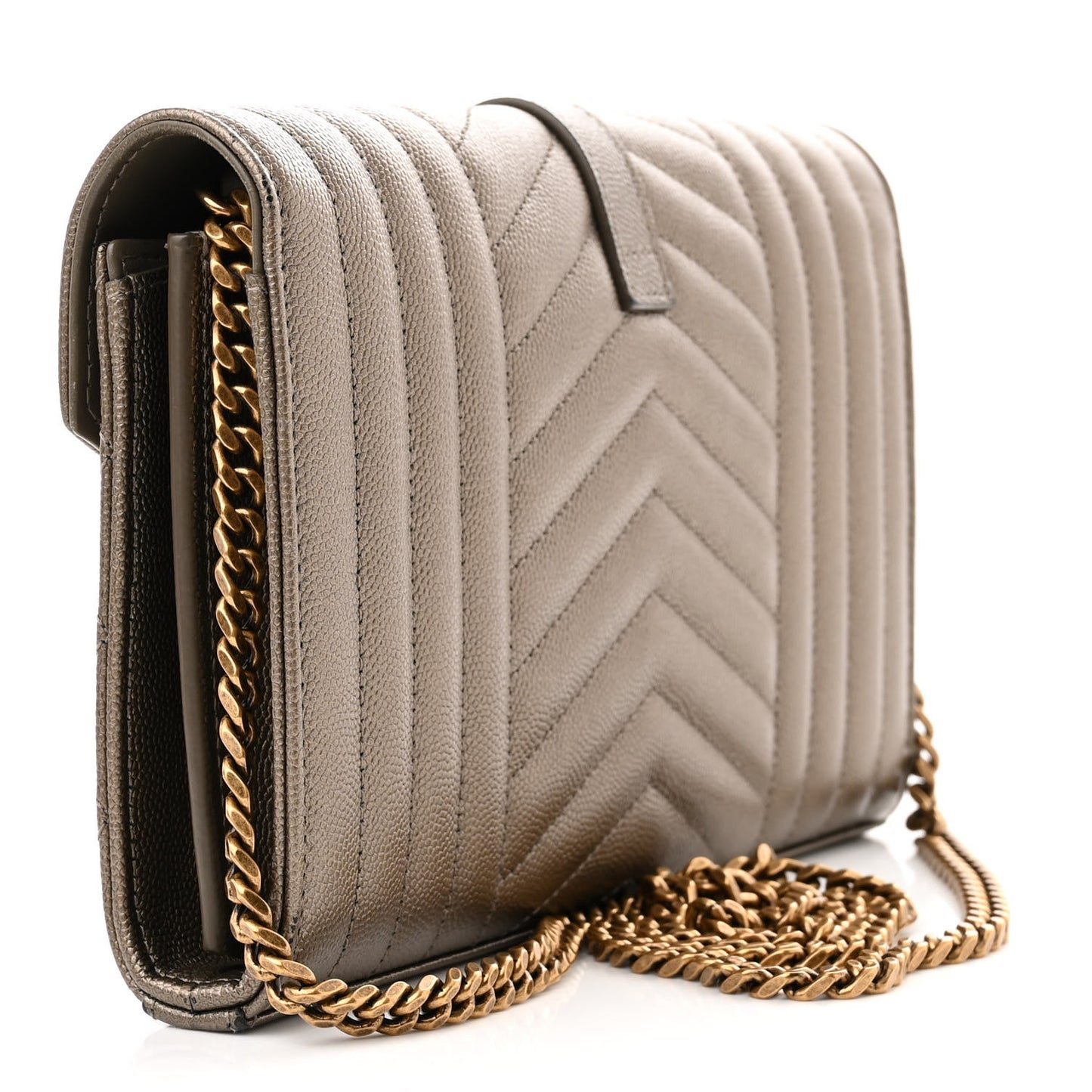 Metallic Grain De Poudre Mixed Matelasse Triquilt Monogram Chain Wallet Piombo