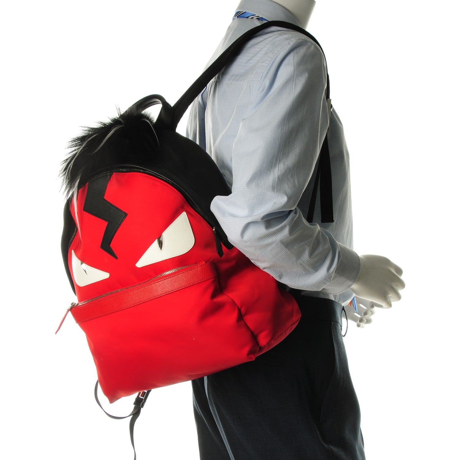 Fendi Nylon Vitello Elite Flamingo Fox Goat Fur Lightning Monster Eyes Backpack Rosso Black 2 of 9