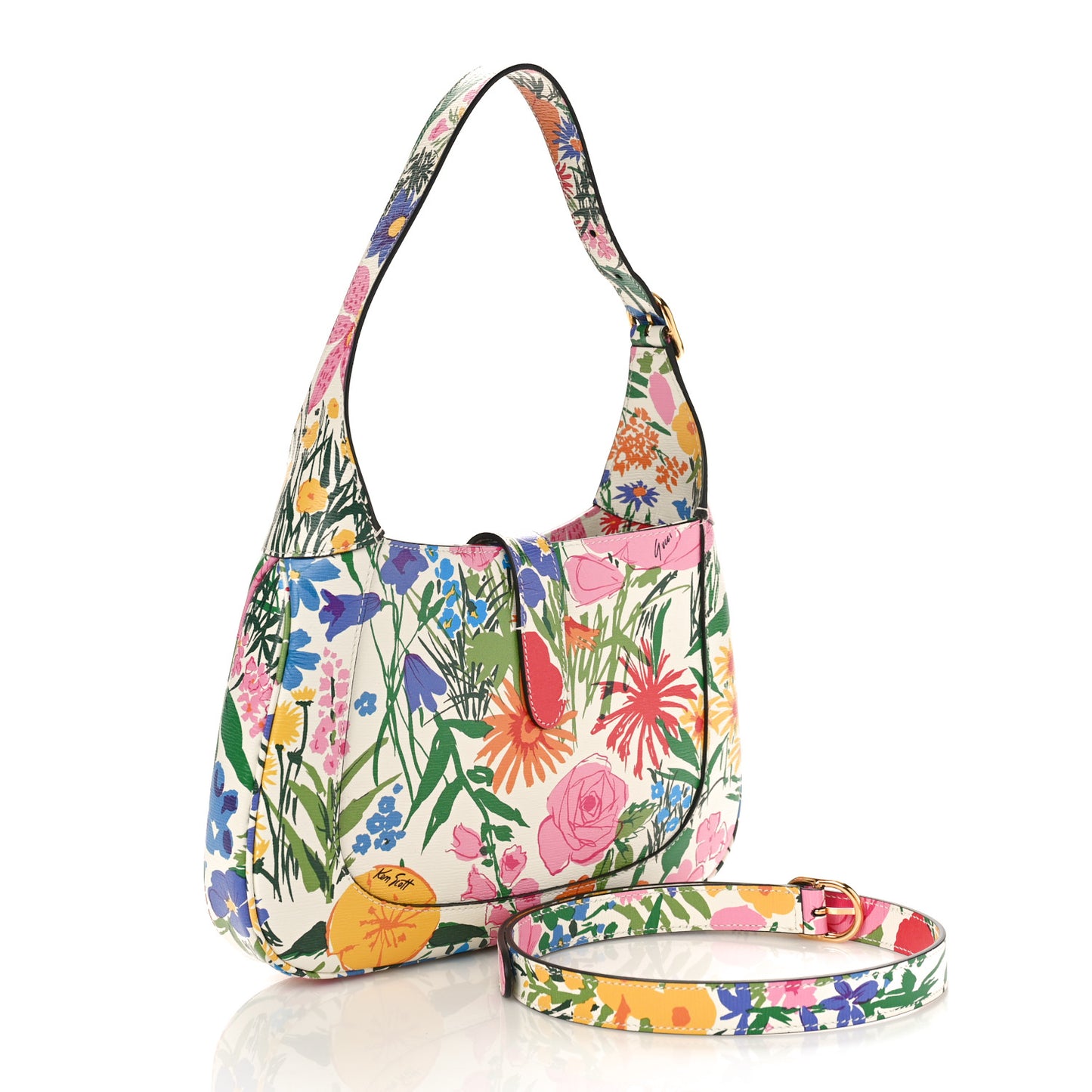 X KEN SCOTT New Shangai Calfskin Jardin D'Avril Floral Print Small Jackie 1961 Hobo Ivory Pink