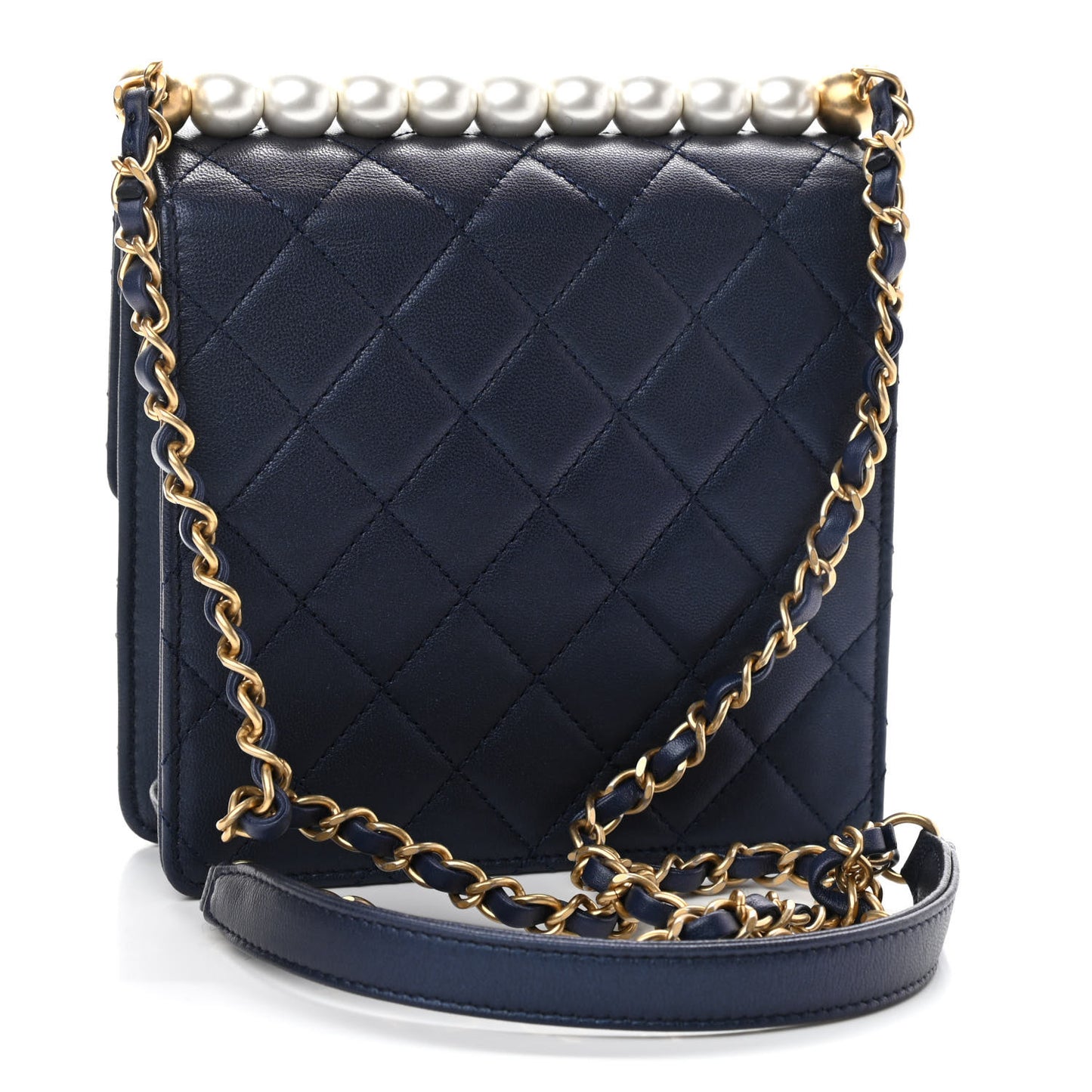 Iridescent Lambskin Quilted Chic Pearls Flap Navy Blue