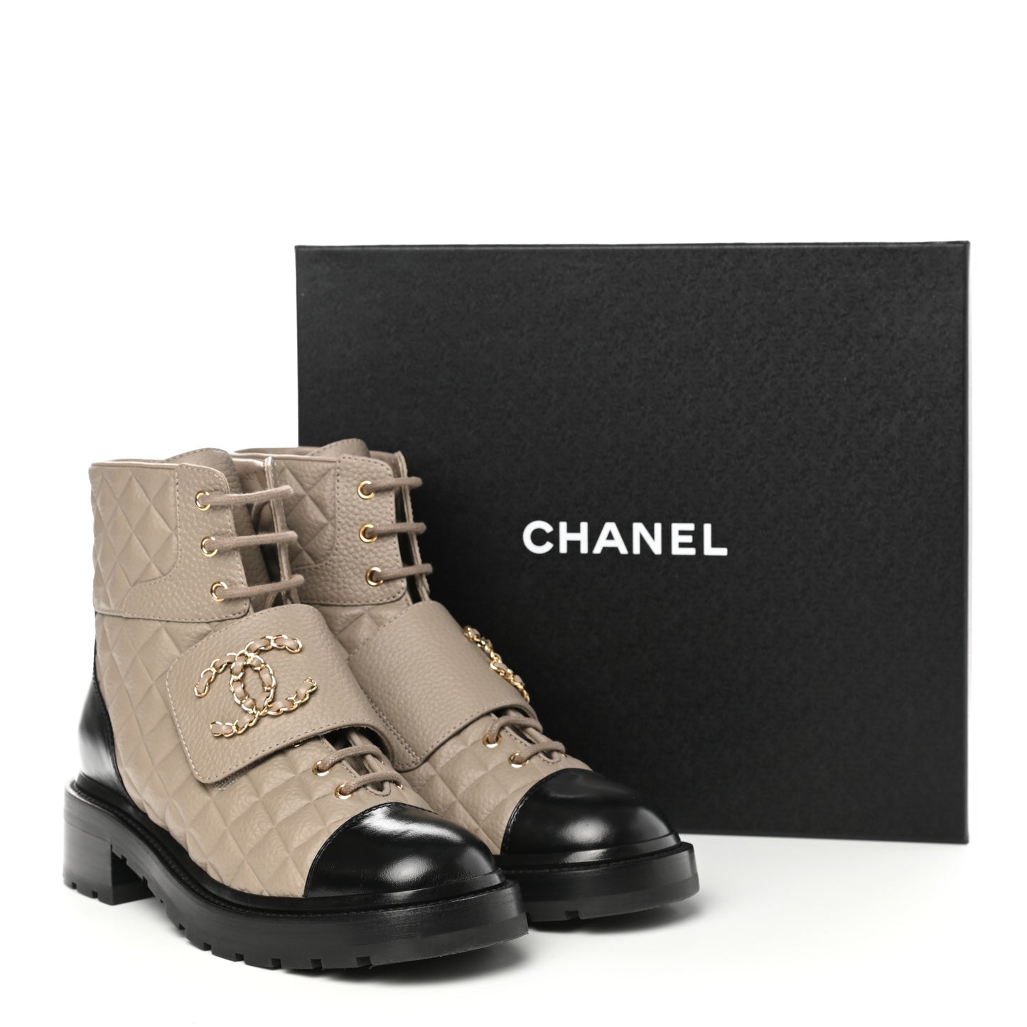 Calfskin Shiny Calfskin Quilted Lace Up Combat Boots 40.5 Dark Beige Black