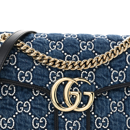Gucci Denim Crystal Applique Small GG Marmont Shoulder Bag Blue 8 of 10