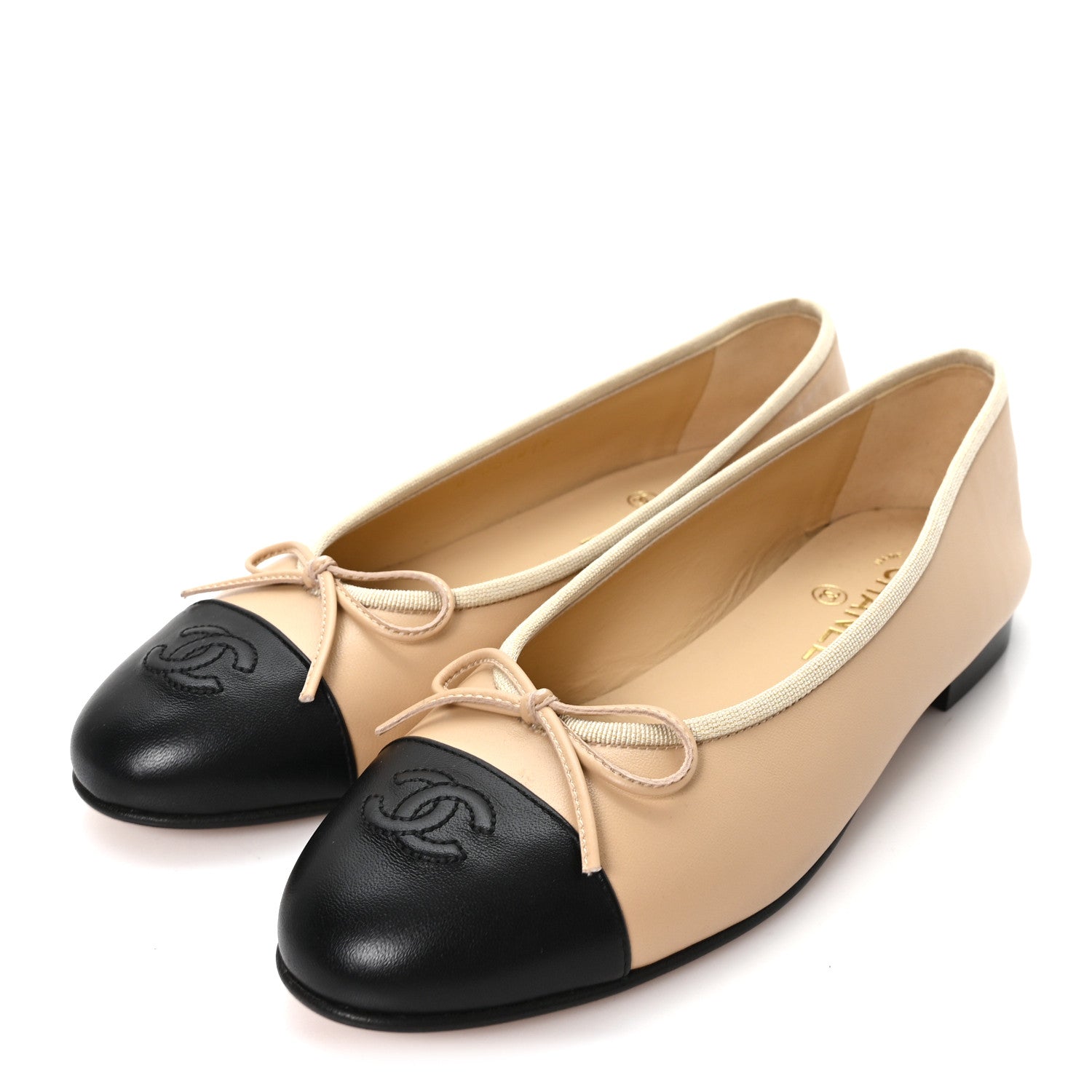Chanel Lambskin Cap Toe CC Ballerina Flats 38.5 Beige Black 4 of 10