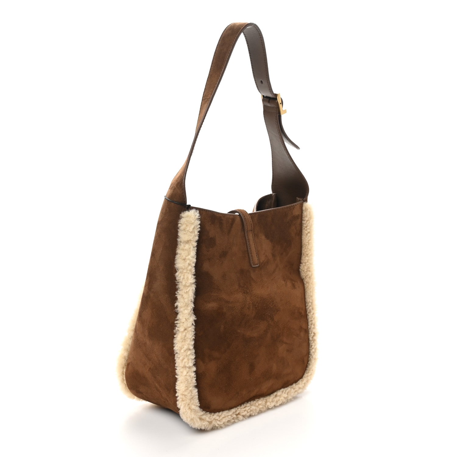 Saint Laurent Suede Shearling Small Le 5 A 7 Soft Hobo  Dark Sigaro Natural Beige 3 of 10