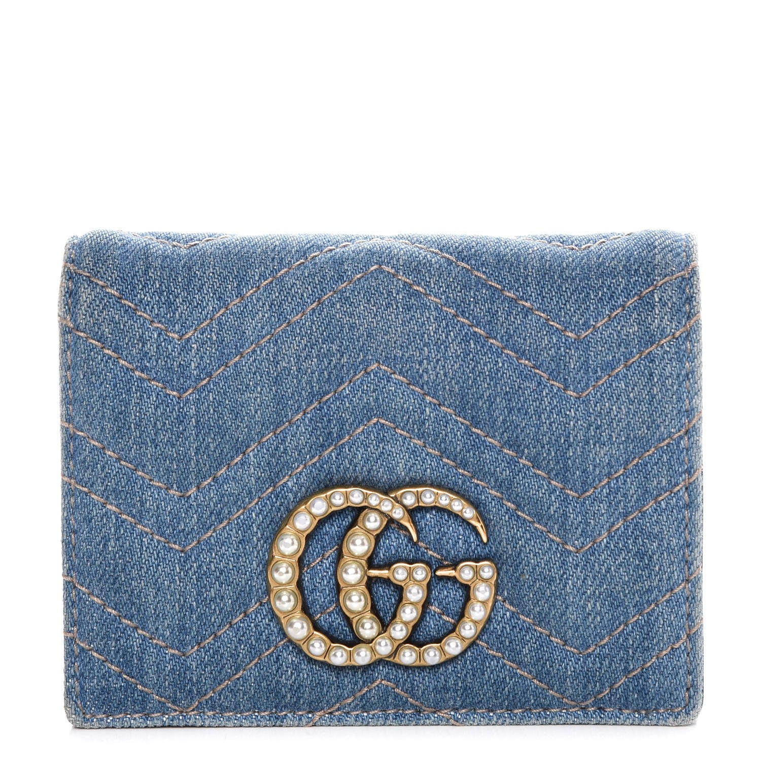 Gucci Denim Matelasse Pearly GG Marmont Card Case Wallet Blue 1 of 11