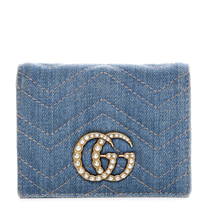 Gucci Denim Matelasse Pearly GG Marmont Card Case Wallet Blue 1 of 11