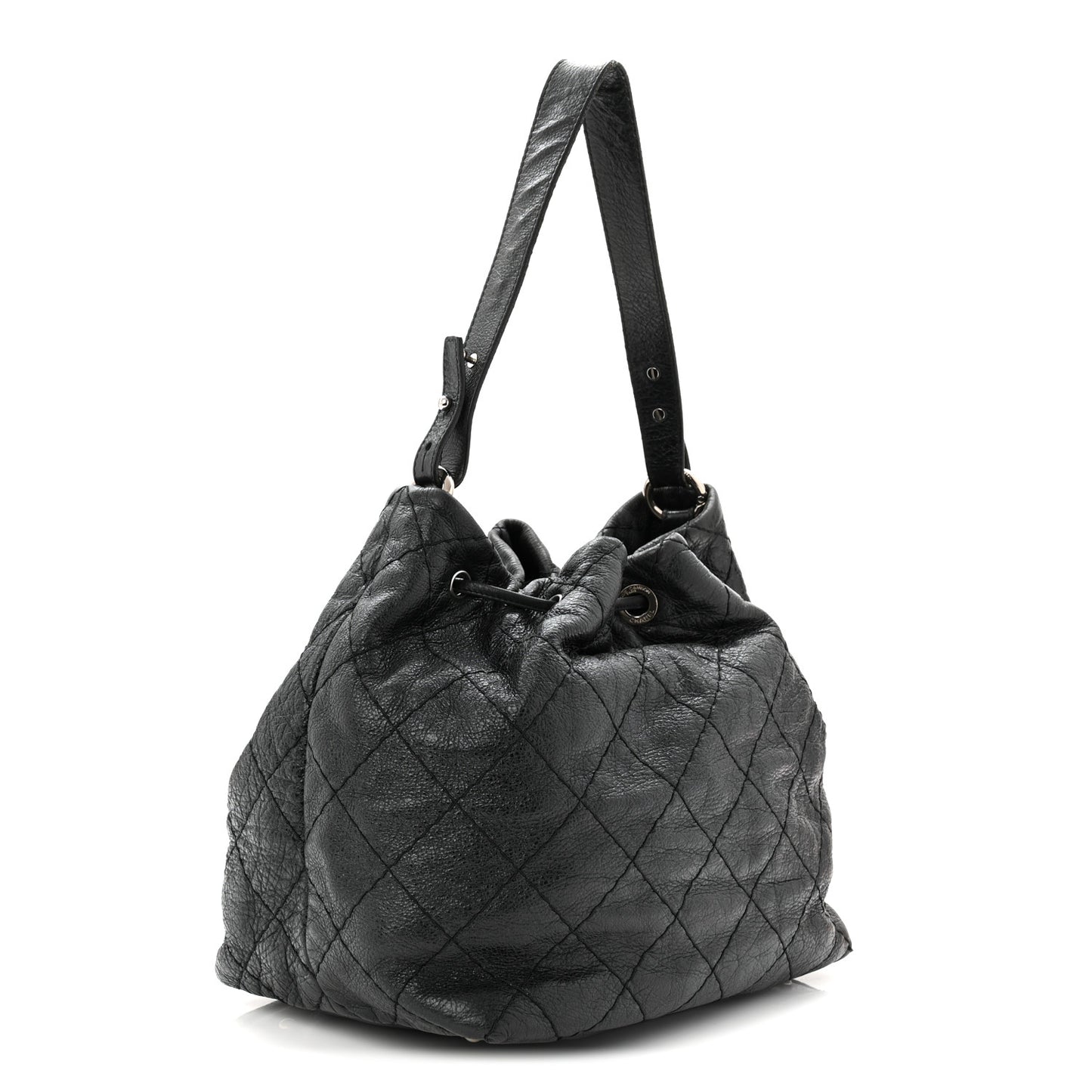 Glazed Calfskin On The Road Drawstring Tote Black