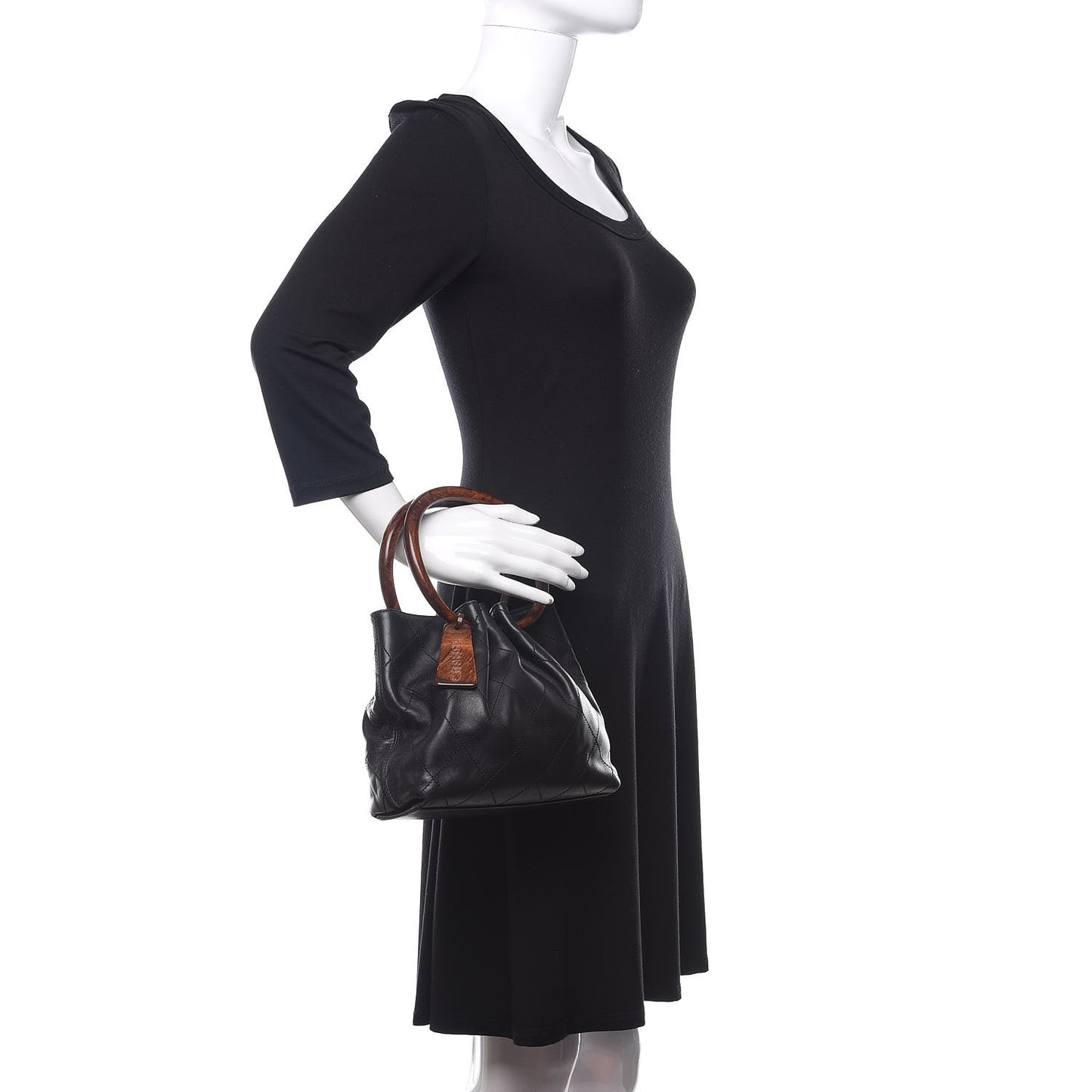 Lambskin Stitched Wood Handle Bag Black