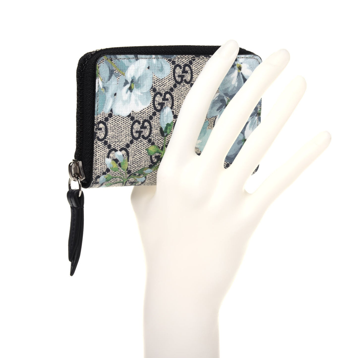 GG Supreme Monogram Blooms Zip Around Card Case Wallet Beige Blue Navy
