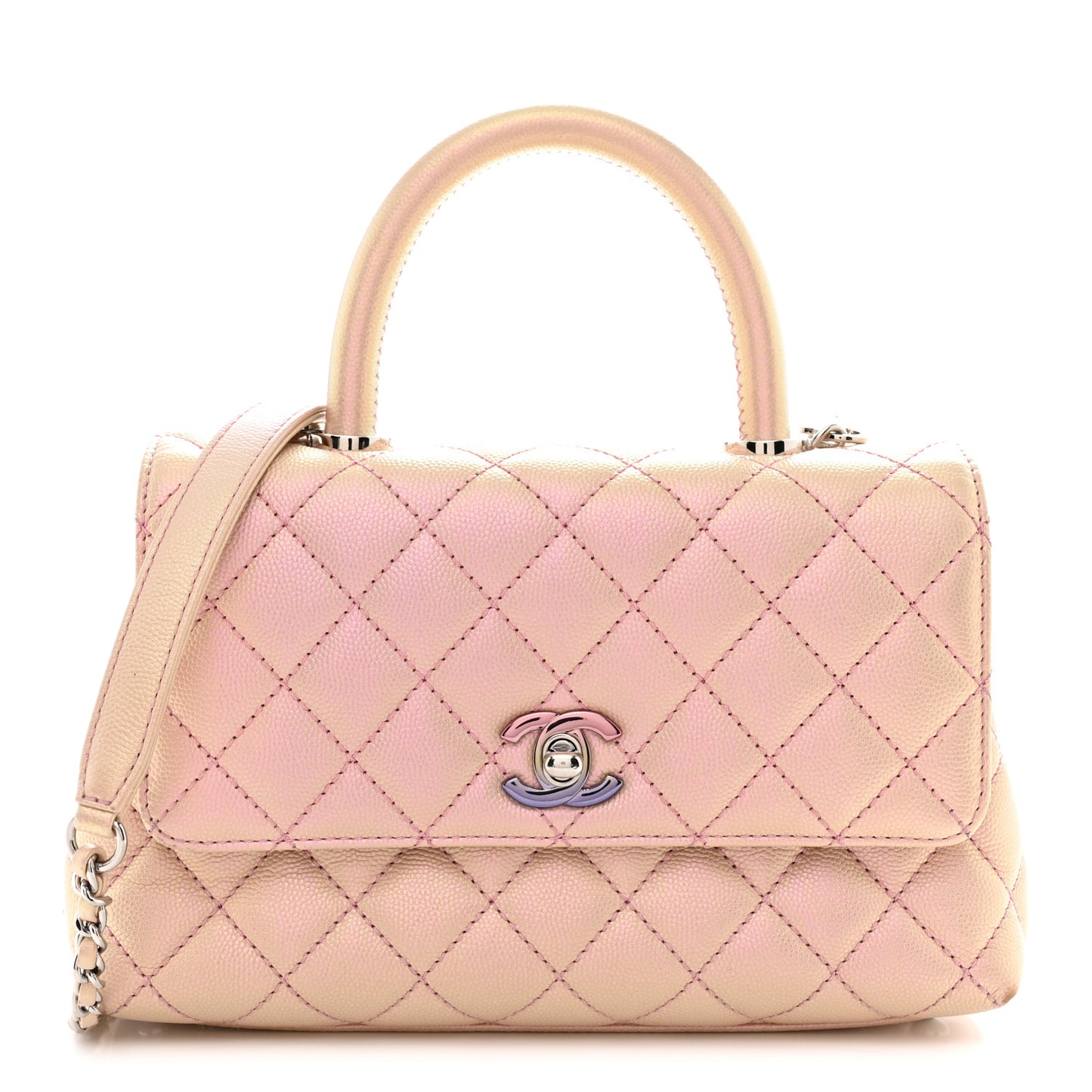 Iridescent Caviar Quilted Mini Coco Handle Flap Pink