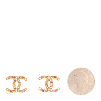 Chanel Pearl Crystal Chain Link CC Earrings Gold Red Pink Yellow 2 of 5